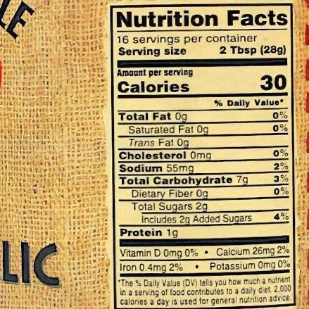 Nutrition Facts for a jar of Dutch Kettle Hot Pickled Garlic.