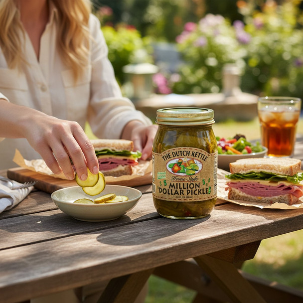 Million Dollar Pickles jar on a picnic table with ham sandwiches, a fresh salad, and iced tea in a sunny outdoor setting.