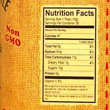 Dutch Kettle Pear Butter nutrition facts label showing calories, carbs, sugars, and serving size