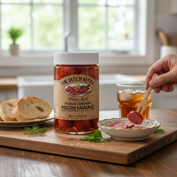 Pickled smoked Polish sausage jar on a wooden kitchen counter with sliced sausage in a dish, fresh bread, herbs, and iced tea in the background.