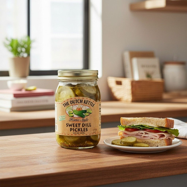 Sweet dill pickles jar on a kitchen counter beside a turkey sandwich and sliced pickles in a bright kitchen setting.