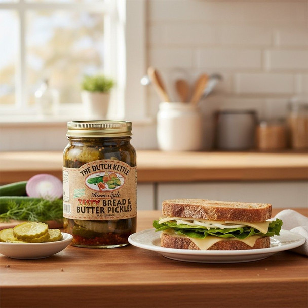 Zesty bread and butter pickles jar on a kitchen counter beside sliced pickles, fresh onion, dill, and a cheese and lettuce sandwich.