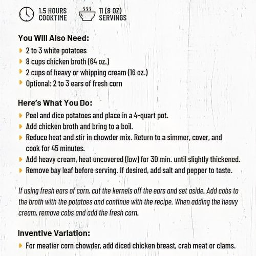 Instructions to prepare a vegetarian bowl of Anderson House Corn Chowder