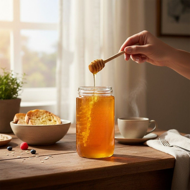Golden comb honey dripping from a honey dipper into a jar on a rustic breakfast table with toast and coffee.