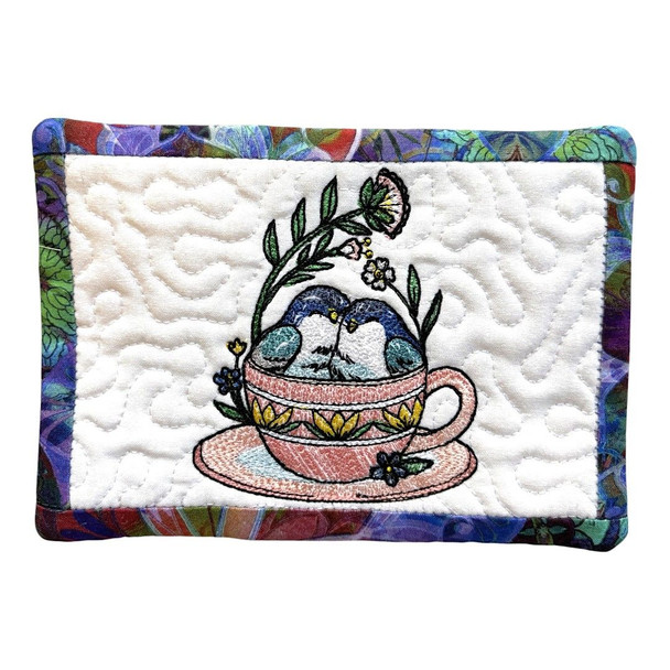 Love Birds in a Cup Handcrafted Embroidered and Quilted Mug Rug/Oversized Coaster. 6.5 x4.25"