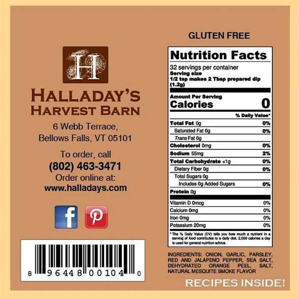 Product label for Halladay's Harvest Barn  Garlic Chipotle Dip Mix with nutrition facts and ingredients listed.