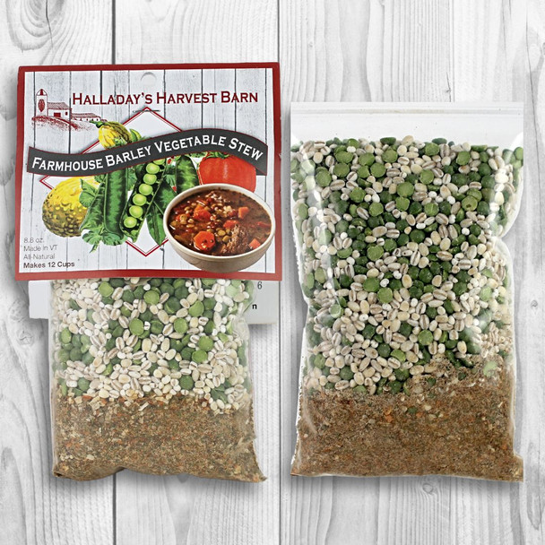 Front and back of package of Halladay's Barley Vegetable Stew Mix. Makes 12 cups. 