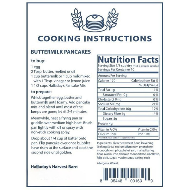 Nutrition and Ingredient Information for Buttermilk Pancake Mix by Halliday's. 