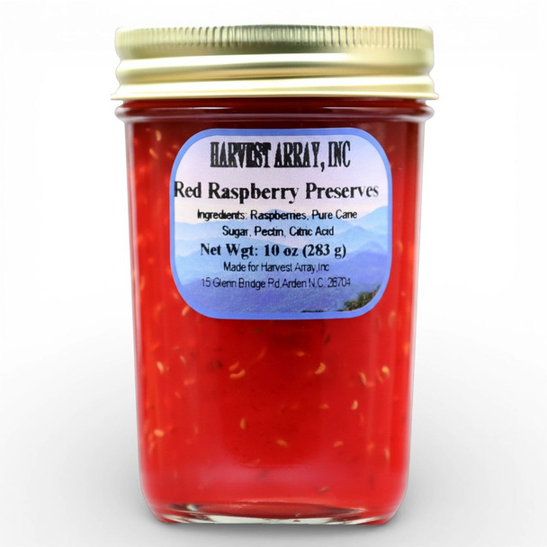 Made in the beautiful Blue Ridge Mountains of NC, each 10 oz. jar of raspberry preserves is packed with whole red raspberries right off the bush. Made for Harvest Array.