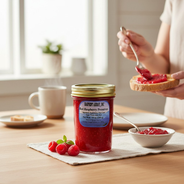 A jar of Harvest Array Red Raspberry Preserves sits on a light wooden table with fresh raspberries beside it. In the background, a person spreads the vibrant red preserves onto a slice of bread.