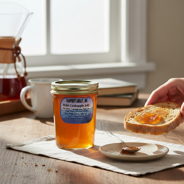 A jar of Harvest Array Wild Crabapple Jelly sits on a wooden table beside a plate holding a spoonful of the golden jelly