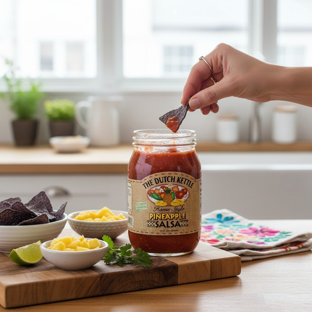 Pineapple salsa jar on a kitchen counter with tortilla chips, fresh pineapple, lime, and cilantro as a hand dips a chip into the jar.