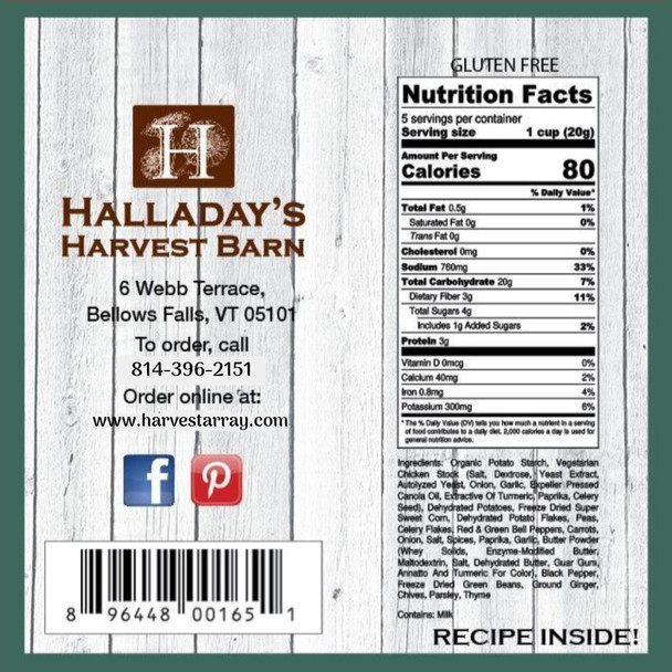 Halladay's Chicken Pot Pie Soup Mix label with Nutrition and ingredient information. Oder today at harvestarray.com.