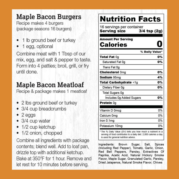 Halladay's Maple Bacon Burger and Meatloaf Seasoning Blend Label. Recipe and Nutrition info. Order today online at Harvest Array.