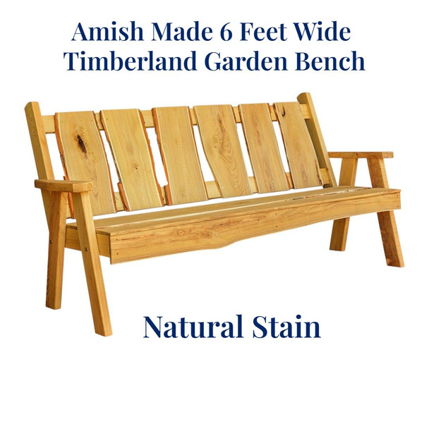 Amish Made 6 foot long Timberland Garden Bench with live edge can be stained with Natural wood colored Indoor or Outdoor finish. Order today online from Harvest Array.