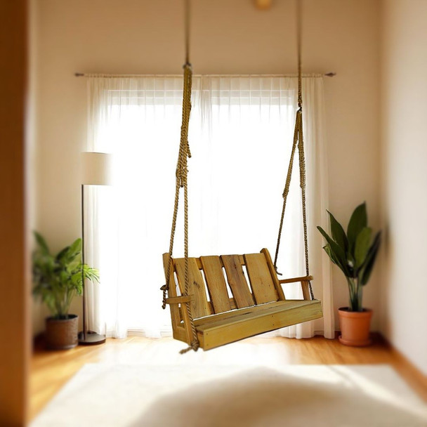 Amish-made 4ft. wide Timberland Swing with Live Edges and Polypropylene Ropes - Mushroom Indoor Stain. Purchase online from Harvest Array.