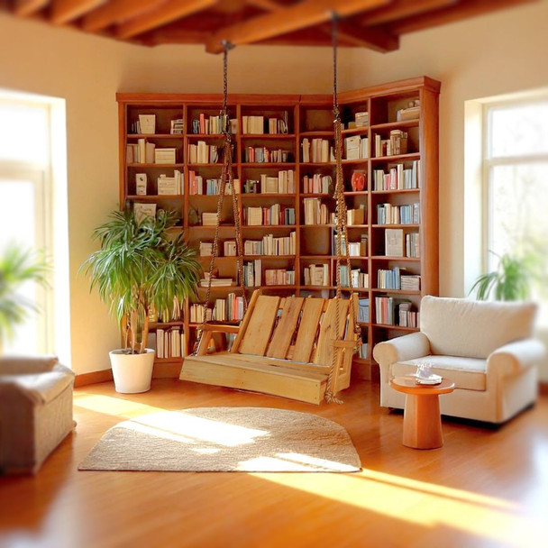 Amish-made 4ft. wide Timberland Swing with Live Edges and Polypropylene Ropes - Cedar Indoor Stain. Order now online from Harvest Array.