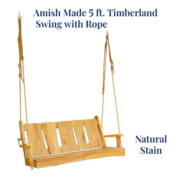 Choose Indoor or Outdoor Natural Stained Amish Made 5 Foot Timberland Swing with Rope, delivered to your door with Free Shipping from Harvest Array.