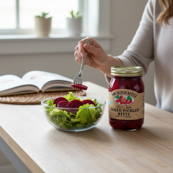 Sliced pickled beets jar beside a fresh green salad as a hand adds beet slices in a bright kitchen setting.