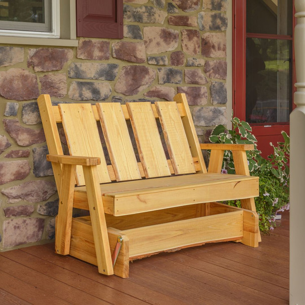Amish Made 4 foot Timberland Glider Bench with natural outdoor stain ships free when ordered from Harvest Array online.