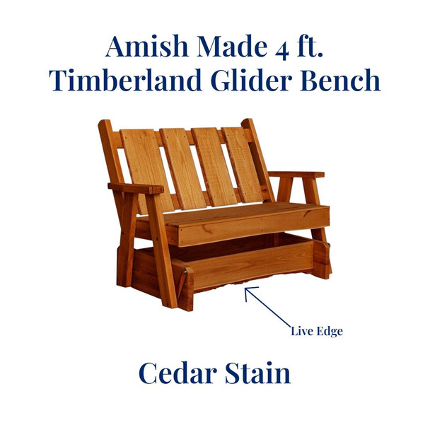 Cedar stained Amish Made 4 foot Timberland Glider Bench with Live Edge.