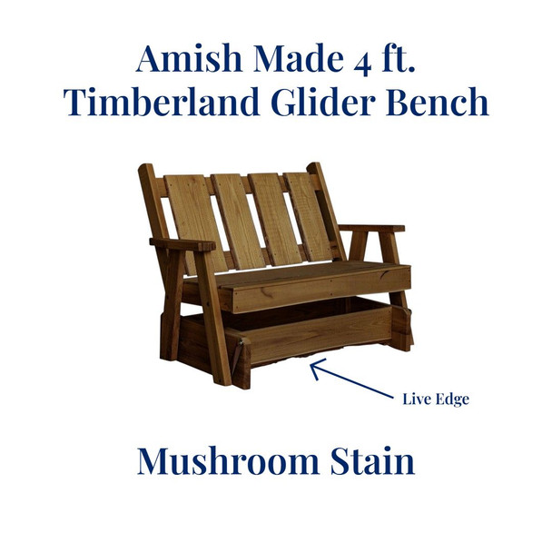 Mushroom stained Amish Made 4 foot Timberland Glider Bench with Live Edge. Free Shipping from Harvest Array.