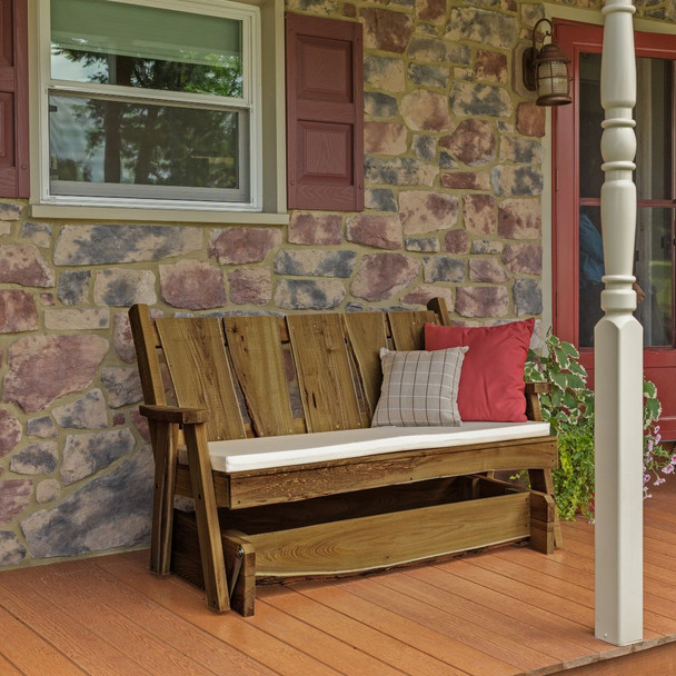Mushroom, outdoor, stained Amish Made 5 foot wide Timberland Glider Bench shown with pillows and cushion sold separately. Purchase online at harvestarray.com. 
