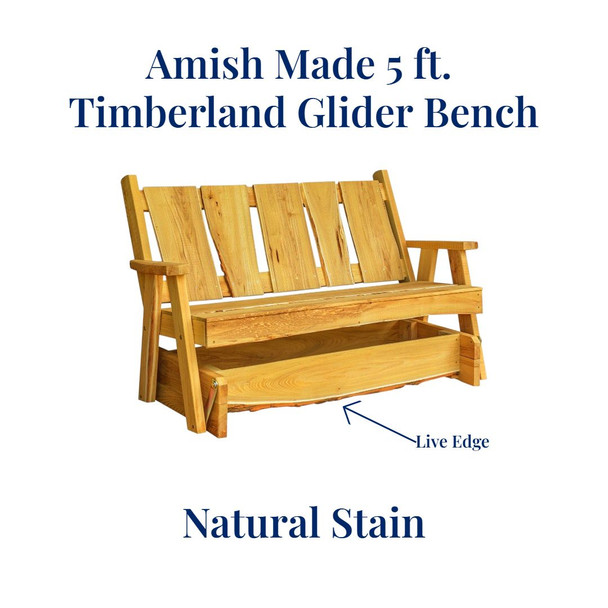 Rustic Amish Made 5 ft. Timberland Glider Bench and Natural Stain shown with Live Edge.
