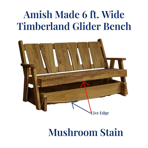 Mushroom Stained Amish Made 6 feet wide Timberland Glider Bench for indoors or outdoors. Ships Free when ordered at harvestarray.com.