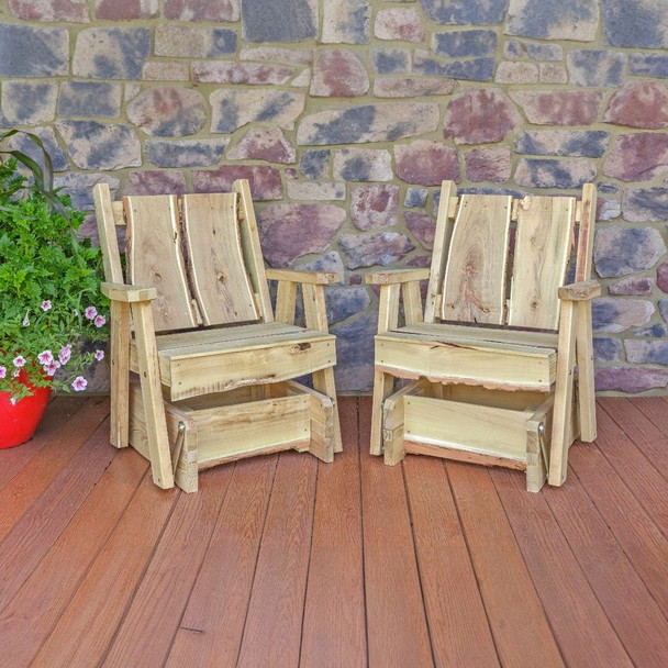 Harvest Array's new line of indoor/outdoor Amish Made Timberland Glider Chairs. Two unfinished gliders shown here, each sold separately.