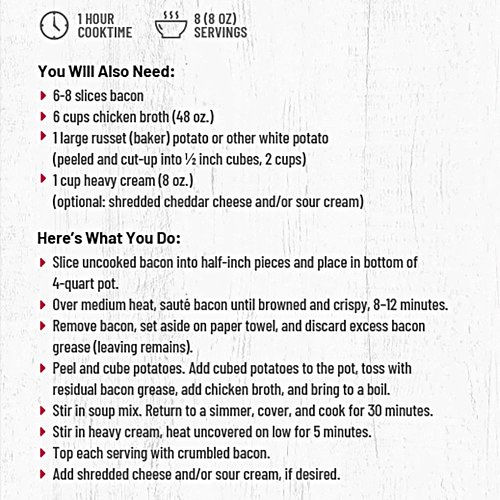 Recipe card with cooking instructions and ingredients for Anderson House Rocky Mountain Trail Loaded Potato Soup Mix. Available online at harvestarray.com.