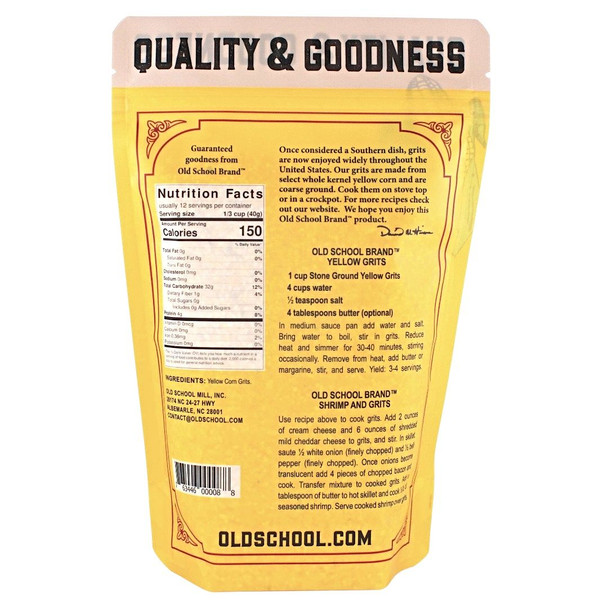 The back of a package of Old school Brand Stone Ground Yellow Grits with recipes and nutrition information.