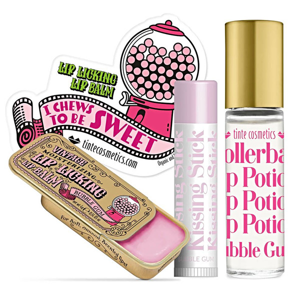 Collection of vintage style lip products in the Bubble Gum Flavored Trio Kit Gift Set. Order online at harvestarray.com.
