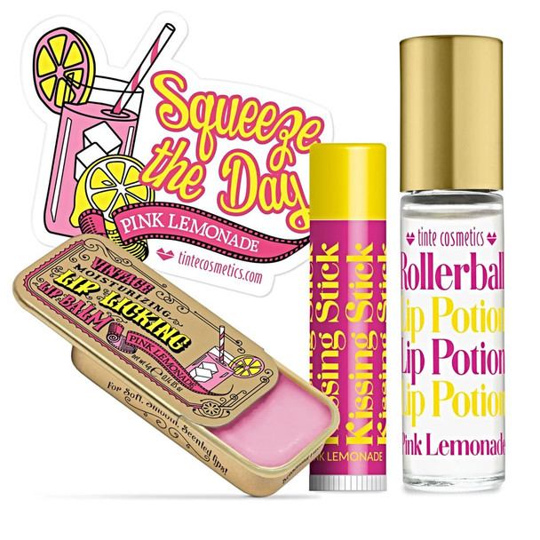 Collection of vintage style lip products in the Pink Lemonade Flavored Trio Kit Gift Set.