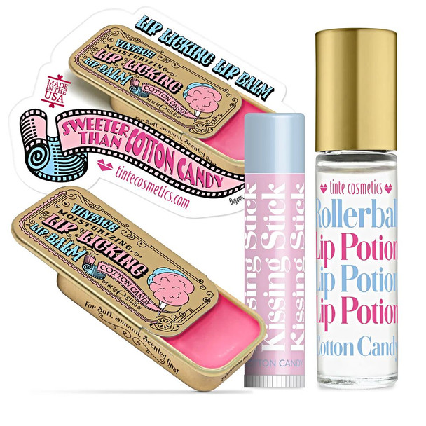 Collection of vintage style lip products in the Cotton Candy Flavored Trio Kit Gift Set.
