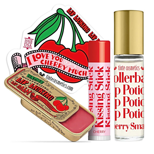 Collection of vintage style lip products in the Cherry Flavored Trio Kit Gift Set.