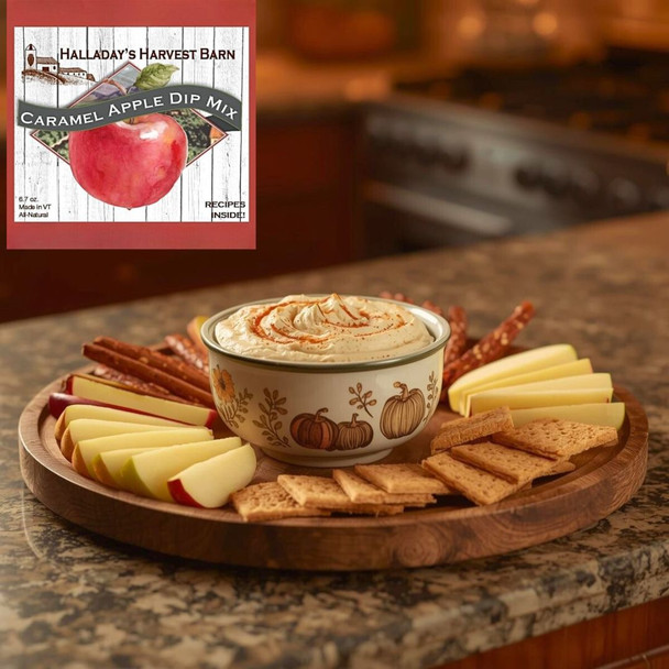 Dip platter with caramel apple dip, apples, crackers, and pretzels on a kitchen counter with Halladay's Caramel Apple Dip Mix from www.harvestarray.com.