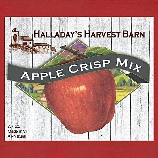 Label for Halladay's Harvest Barn Apple Crisp Mix with a large red apple and scenic background. Order Now from www.harvestarray.com.