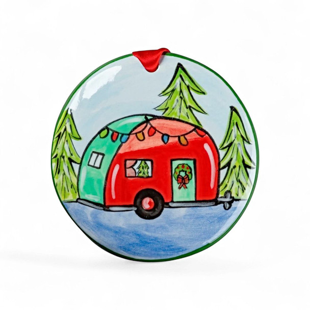 Hand-painted, ceramic Retro Camper Christmas Ornament by Nola Watkins. 3.5" x 3.5"