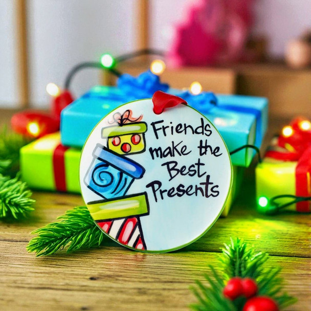 Nola Watkins Hand Painted "Friends Make the Best Presents" Christmas Tree Ornament is now available at Harvest Array.
