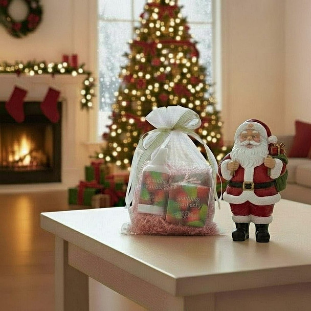 Sparkling Cranberry Mini Soap, Lotion, and Soap Saver Gift Bags with 2 oz soap bar and 2 oz. lotion from Greenwich Bay Trading and Harvest Array, both in North Carolina.