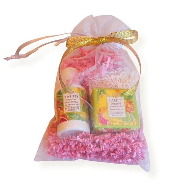 Tahiti Destination Scents Mini Soap, Lotion, and Soap Saver Gift Bags from Greenwich Bay Trading, assembled and sold online by harvestarray.com.