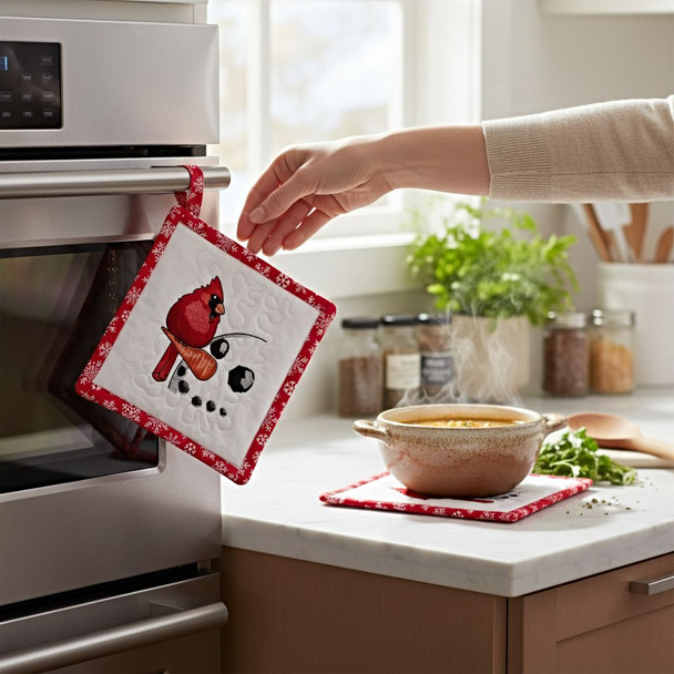 Peeking Snowman with Cardinal on his nose embroidered winter themed Potholder and Hot Pad to liven up your kitchen from harvestarray.com.