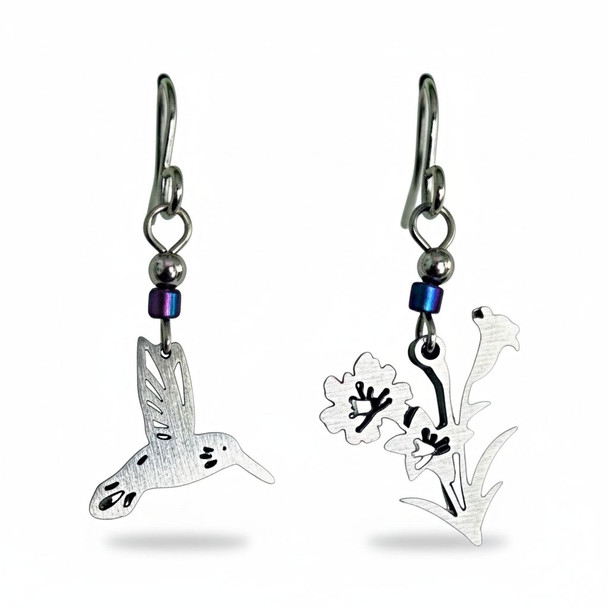 Hummingbird and Flowers Stainless Steel Earrings has a hummingbird on one earring and flowers on the other. Makes a great gift from Harvest Array.