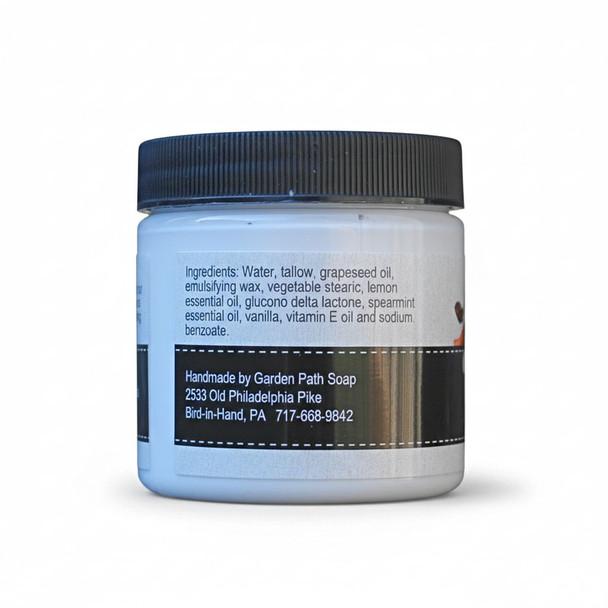 Ingredients in Garden Path Soaps Tallow Face and Body Cream. Amish made in PA for Harvest Array.