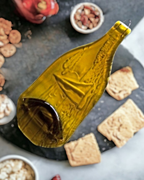  Recycled Wine Bottle Cheese Platter - olive green with sailboat design.