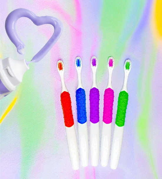 The Texture Grip child toothbrush is recommended for ages 6-10. It features .006″ extra soft & .007″ soft bristles on a 25-tuft head with a moons & stars rubber grip. 