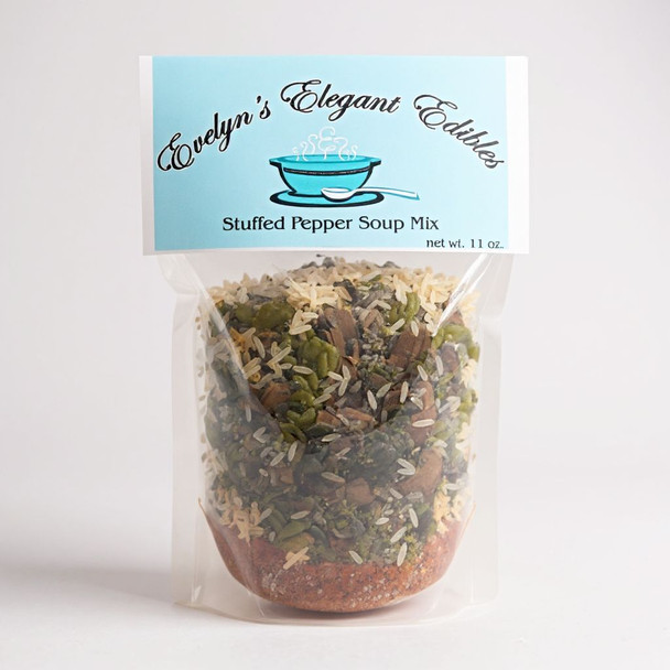 Evelyn's Elegant Edibles Stuffed Pepper Soup Mix package. A product of southwestern PA.