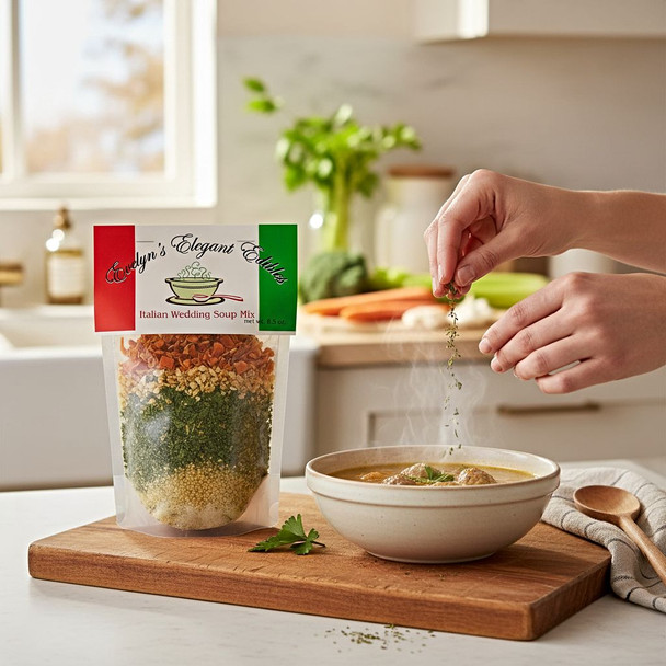 Evelyn's Elegant Edibles Italian Wedding Soup Mix  makes a delicious meal or side soup.