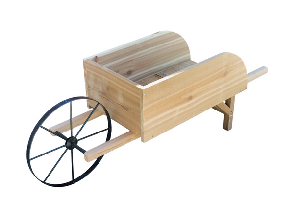 Front angle view of the Amish Old Fashioned Wooden Wheelbarrow